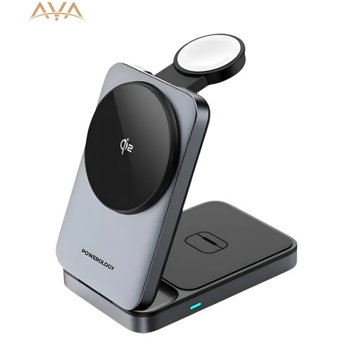 شارژر وایرلس 3 کاره پاورولوژی مدل POWEROLOGY QI2 FAST CHARGING MULTI-DEVICE HUB PWCUQC03